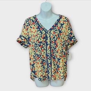 NWT hinge Mia Blue Estate Coral Floral Blouse ~sz S